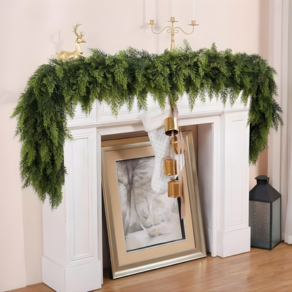 Two Cedar Style Garlands of Six Feet Each with Dense Artificial Leaves and Loops for Hanging at Both Ends