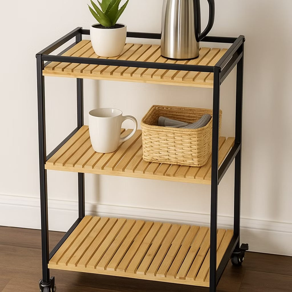 3-Tier Multipurpose Bamboo Trolley, Natural Finish