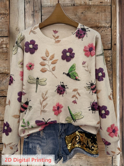 Womens Floral Crewneck Sweater with Botanical Print and Relaxed Fit
