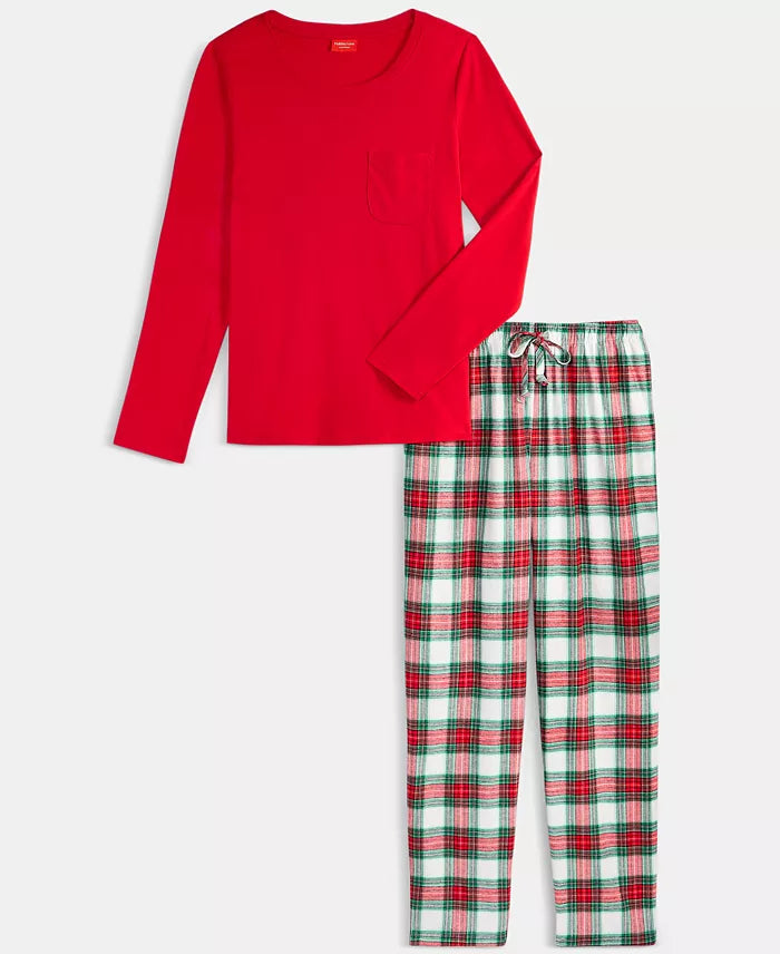 Womens Plaid Cotton Flannel Lounge Set with Crew Neck Top and Pocket Pants