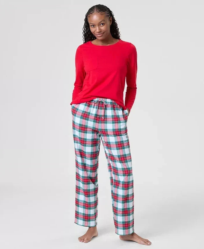 Womens Plaid Cotton Flannel Lounge Set with Crew Neck Top and Pocket Pants