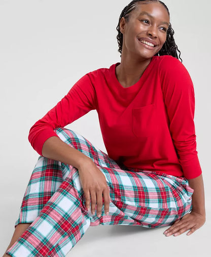 Womens Plaid Cotton Flannel Lounge Set with Crew Neck Top and Pocket Pants
