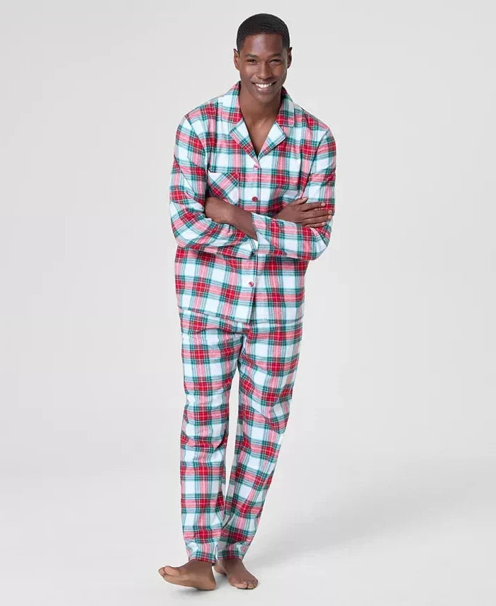 Notch Collar Plaid Sleep Set in Woven Cotton with Buttoned Top and Pocket Pants
