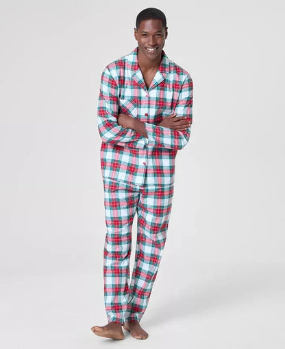 Notch Collar Plaid Sleep Set in Woven Cotton with Buttoned Top and Pocket Pants