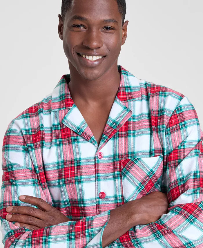 Notch Collar Plaid Sleep Set in Woven Cotton with Buttoned Top and Pocket Pants