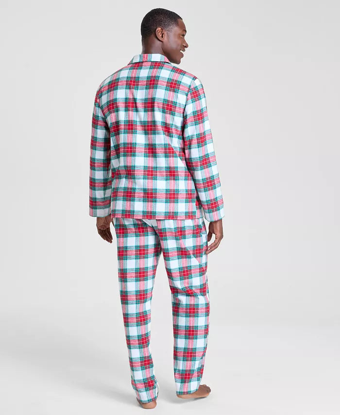 Notch Collar Plaid Sleep Set in Woven Cotton with Buttoned Top and Pocket Pants