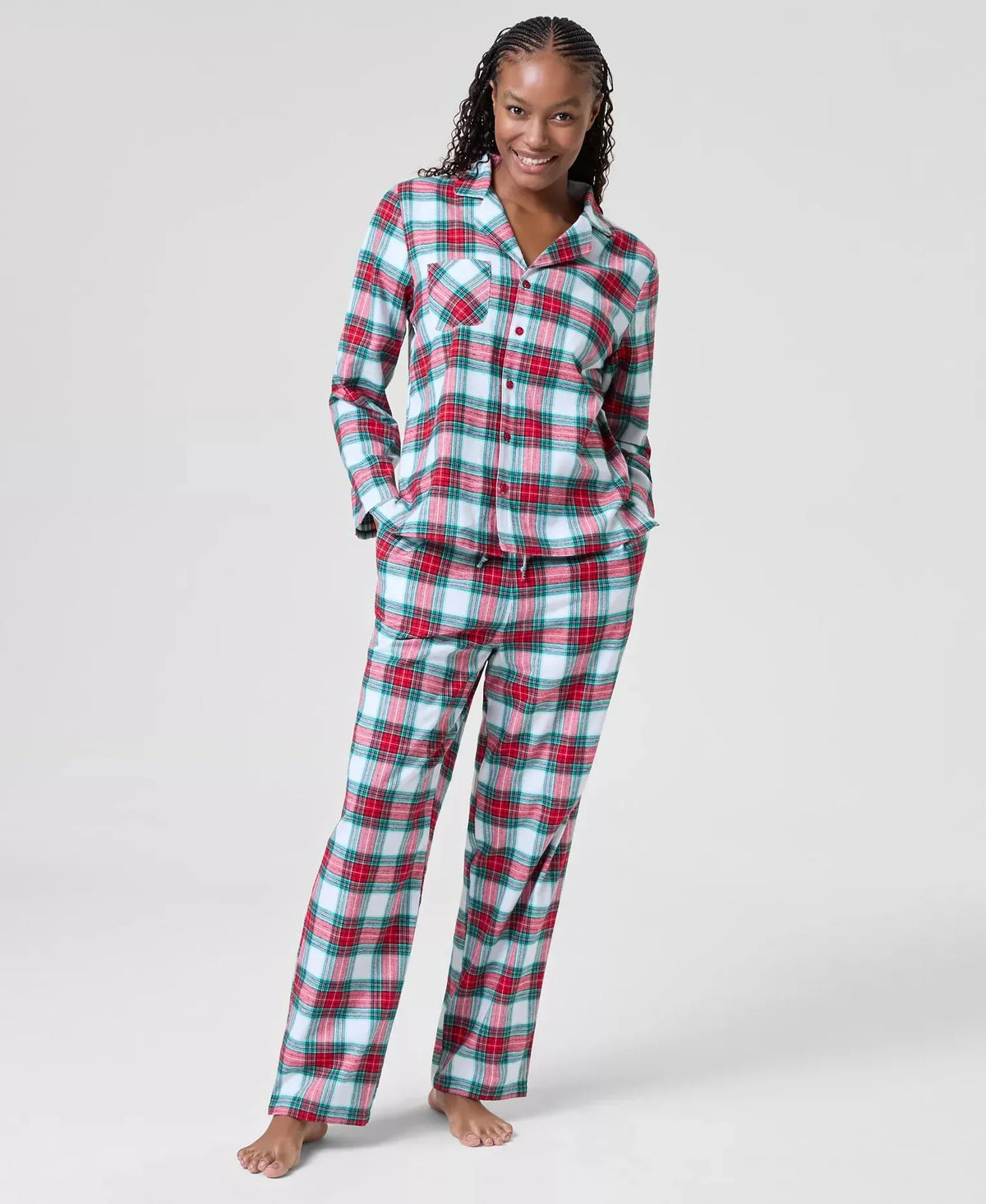 Plaid Cotton Pajamas with Button Up Top, Notched Collar and Drawstring Bottoms