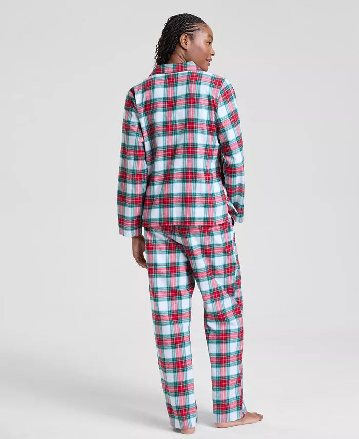 Plaid Cotton Pajamas with Button Up Top, Notched Collar and Drawstring Bottoms
