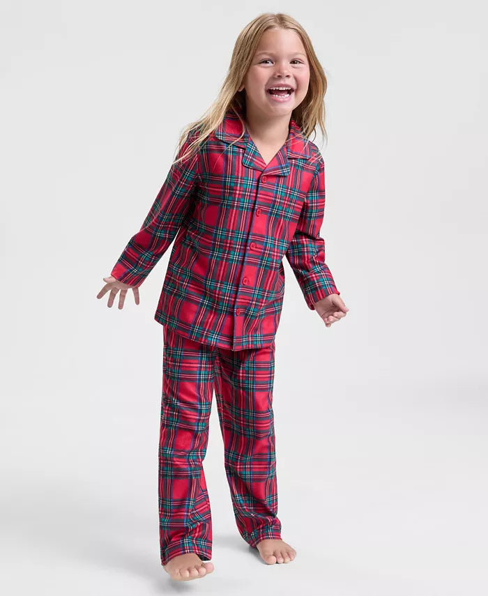 Kids Plaid Pajama Set with Notched Collar Shirt and Pull On Stretch Pants
