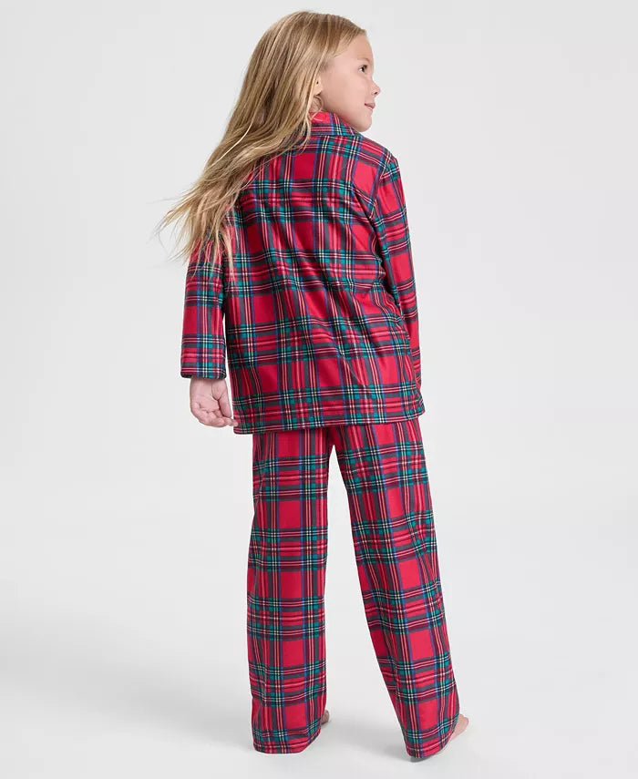 Kids Plaid Pajama Set with Notched Collar Shirt and Pull On Stretch Pants
