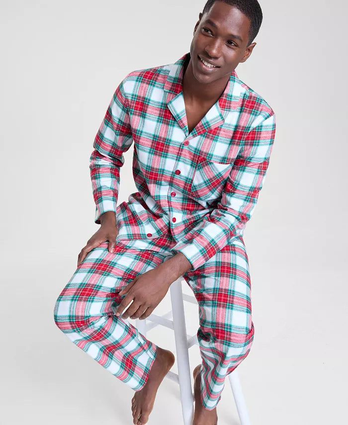 Notch Collar Plaid Sleep Set in Woven Cotton with Buttoned Top and Pocket Pants