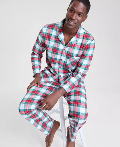 Notch Collar Plaid Sleep Set in Woven Cotton with Buttoned Top and Pocket Pants