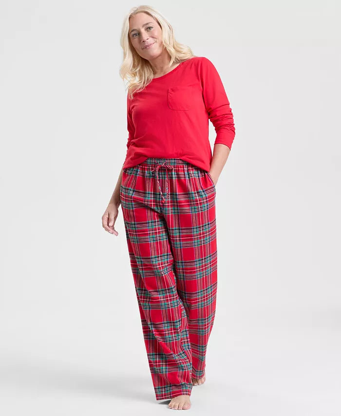 Plaid Cotton Pajama Set with Pullover Crewneck Top and Hip Pocket Drawstring Pants