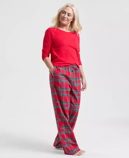 Plaid Cotton Pajama Set with Pullover Crewneck Top and Hip Pocket Drawstring Pants