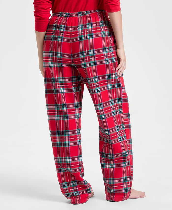 Plaid Cotton Pajama Set with Pullover Crewneck Top and Hip Pocket Drawstring Pants
