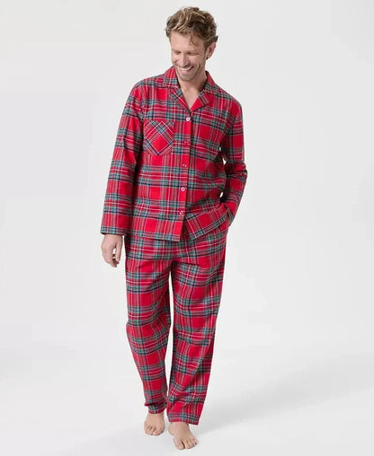 Plaid Flannel Sleepwear Set with Notched Collar Shirt and Stretch Waist Pants
