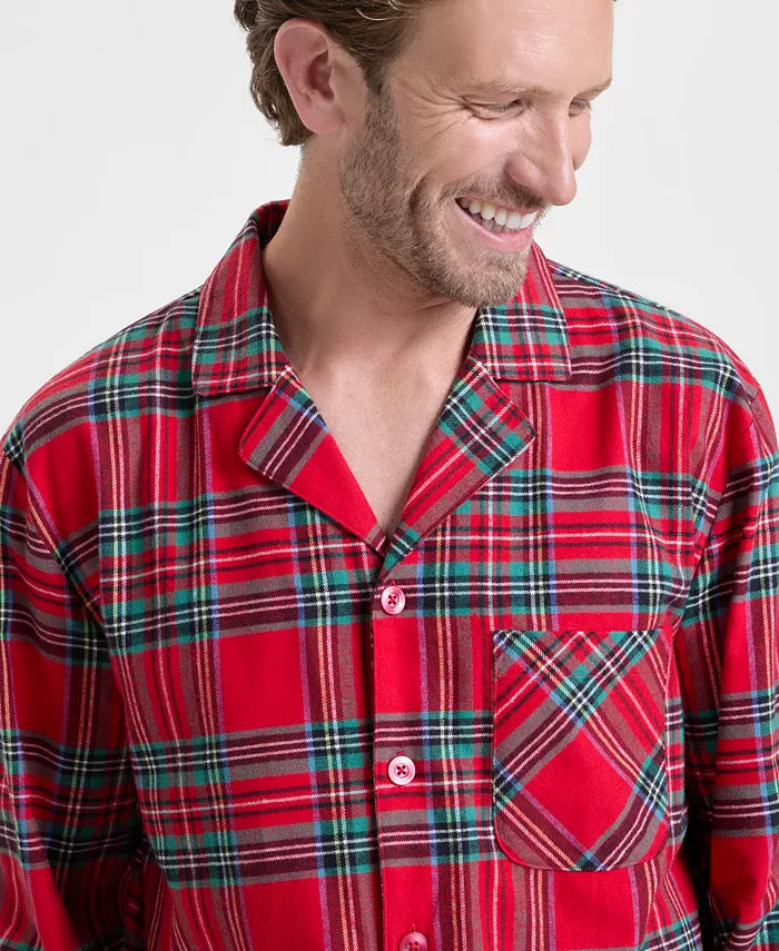 Plaid Flannel Sleepwear Set with Notched Collar Shirt and Stretch Waist Pants