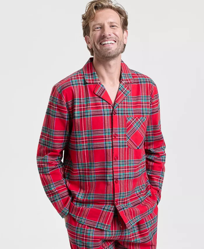 Plaid Flannel Sleepwear Set with Notched Collar Shirt and Stretch Waist Pants
