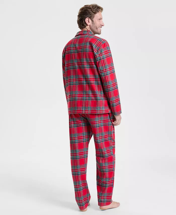 Plaid Flannel Sleepwear Set with Notched Collar Shirt and Stretch Waist Pants
