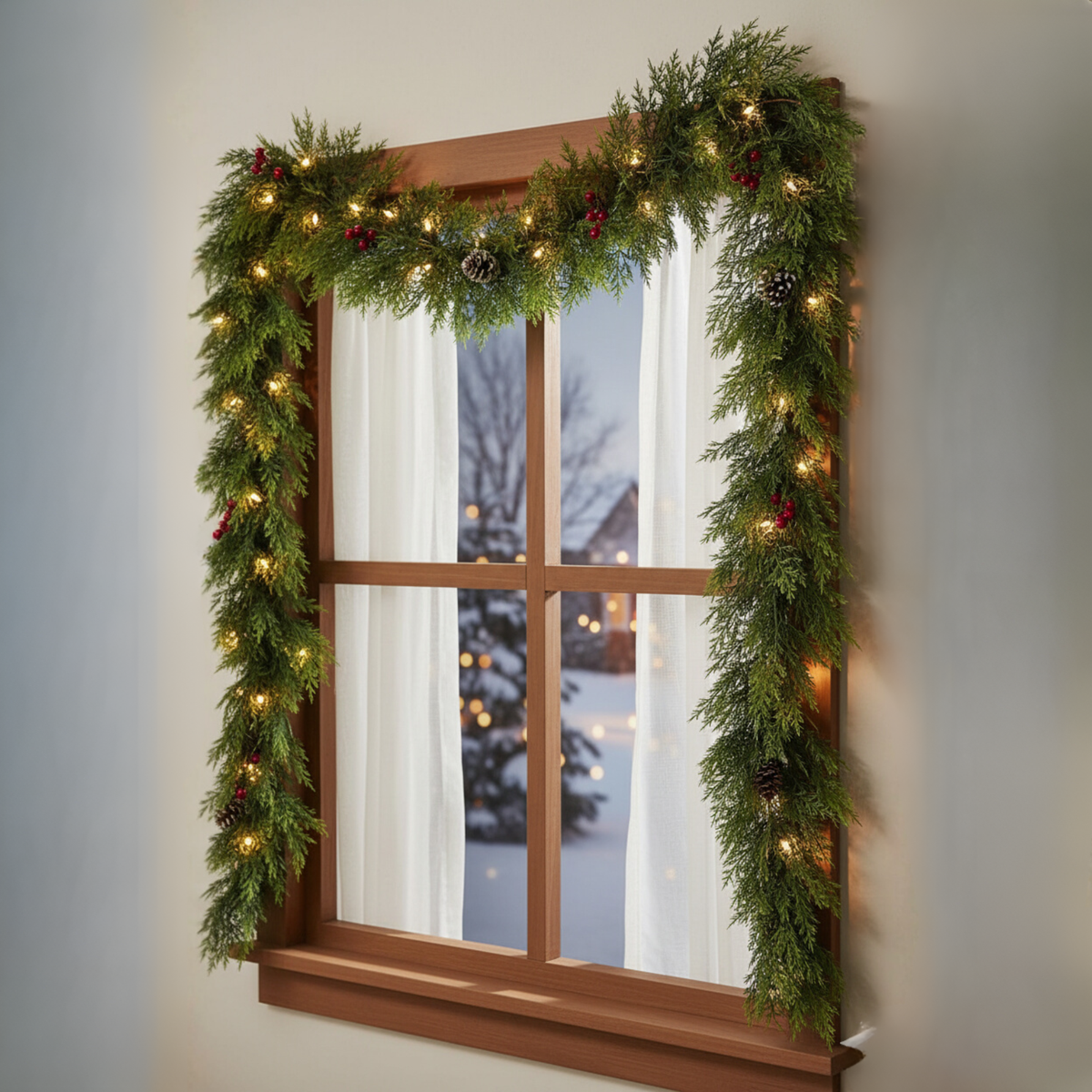 Two Cedar Style Garlands of Six Feet Each with Dense Artificial Leaves and Loops for Hanging at Both Ends