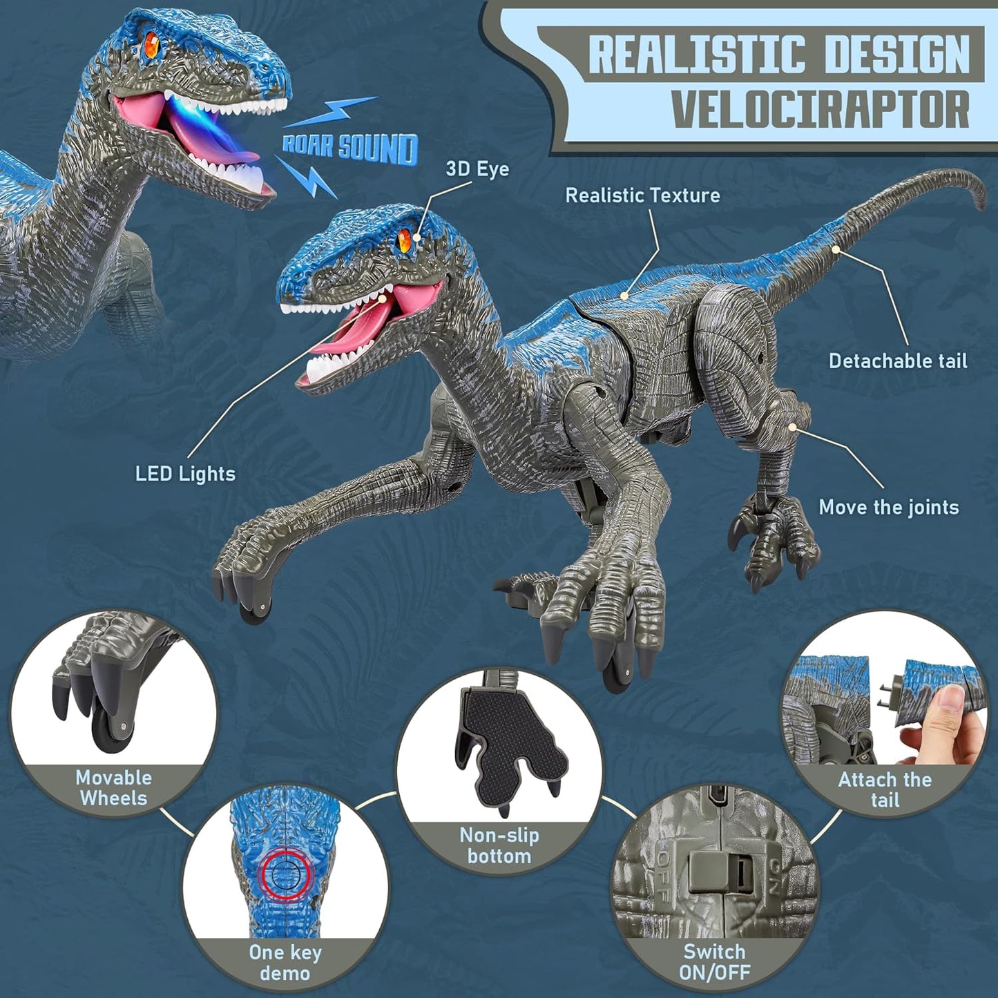 Remote Control Velociraptor Dinosaur Toy with Lights and Sounds
