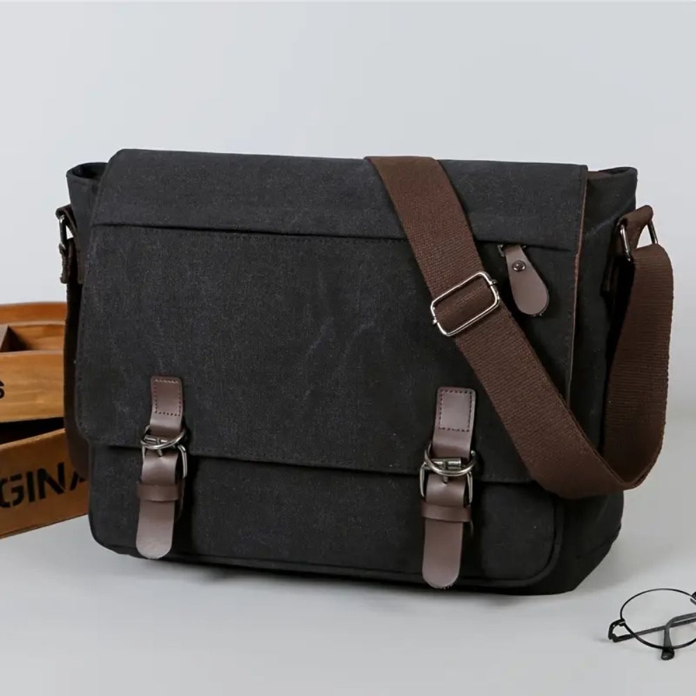 Mens Canvas Messenger Bag with Four Inner Pockets, Brass Buckles and Adjustable Strap in Five Colors