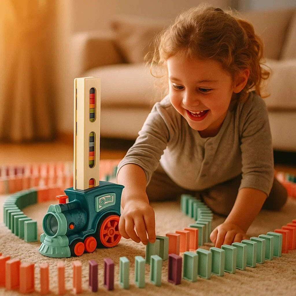 Domino Laying Train Toy in Blue Or Pink Sets with 60 Dominoes and Extra Domino Packs