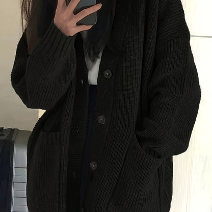 Chunky Ribbed Knit Cardigan with Button Front and Dual Front Pockets