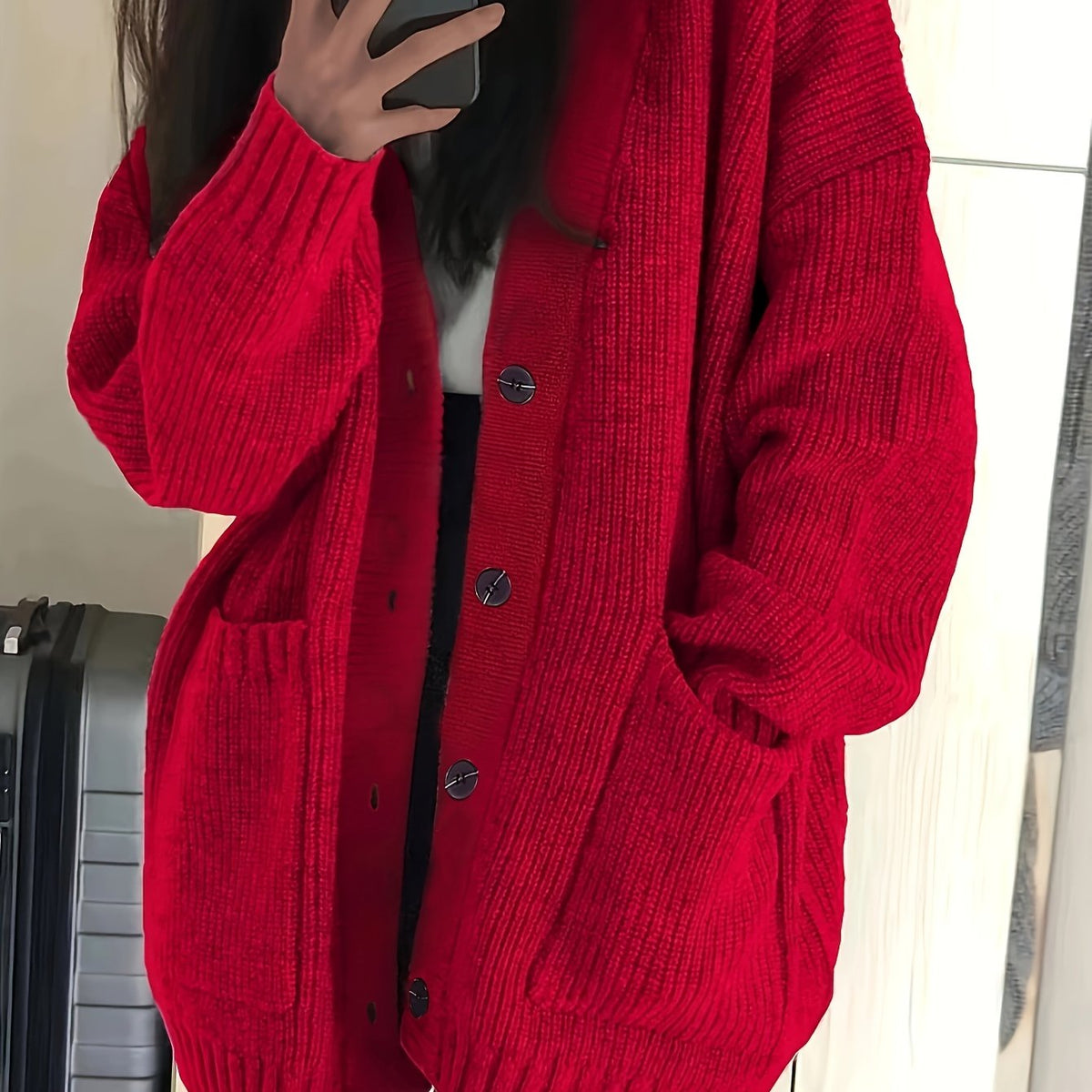 Chunky Ribbed Knit Cardigan with Button Front and Dual Front Pockets