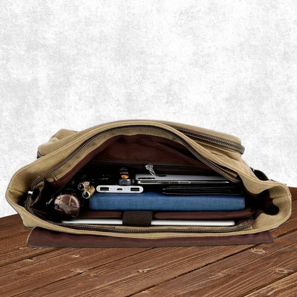 Mens Canvas Messenger Bag with Four Inner Pockets, Brass Buckles and Adjustable Strap in Five Colors