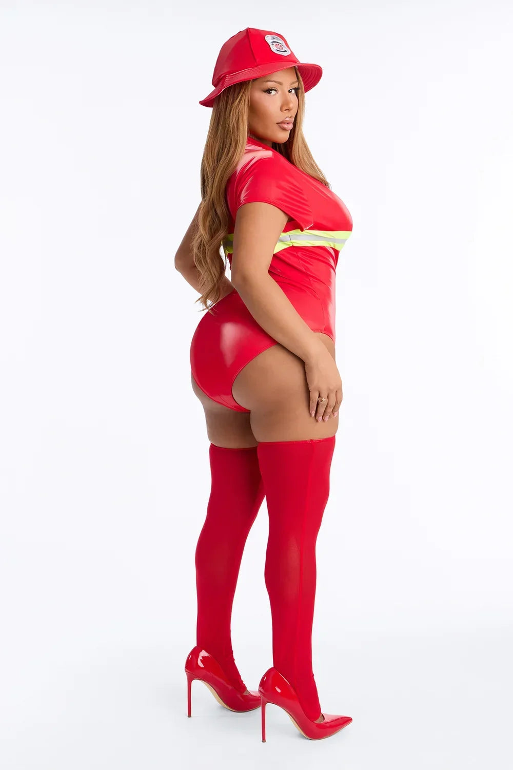 Scarlet Rescue Worker Outfit with Fitted Bodysuit and Hosiery