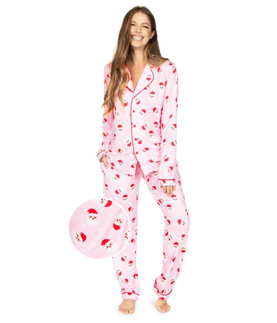 Womens Pink Santa Pattern Pajama Set with Lapel Collar Top and Matching Pants