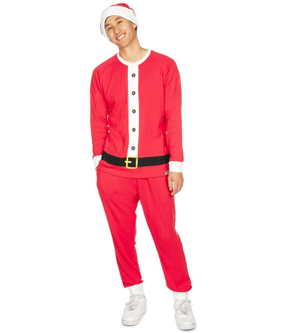 Mens Christmas Pajama Set in Red Santa Design with Crew Neck Top and Pocket Pants