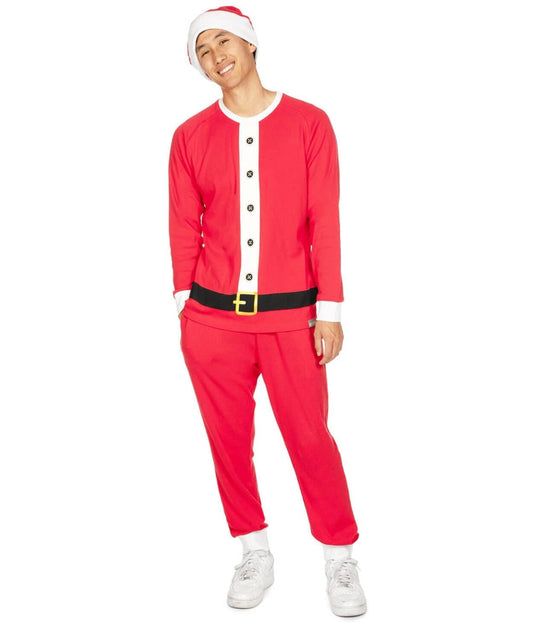 Mens Christmas Pajama Set in Red Santa Design with Crew Neck Top and Pocket Pants