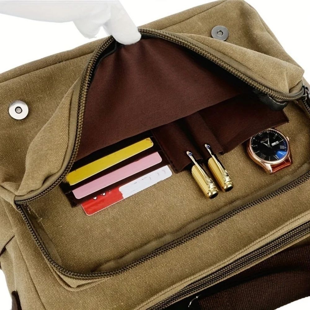 Mens Canvas Messenger Bag with Four Inner Pockets, Brass Buckles and Adjustable Strap in Five Colors