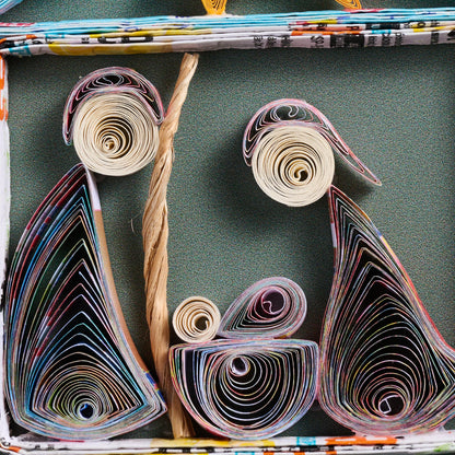 Layered Quilled Paper Ornament of the Holy Family in a Stable Beneath a Shooting Star