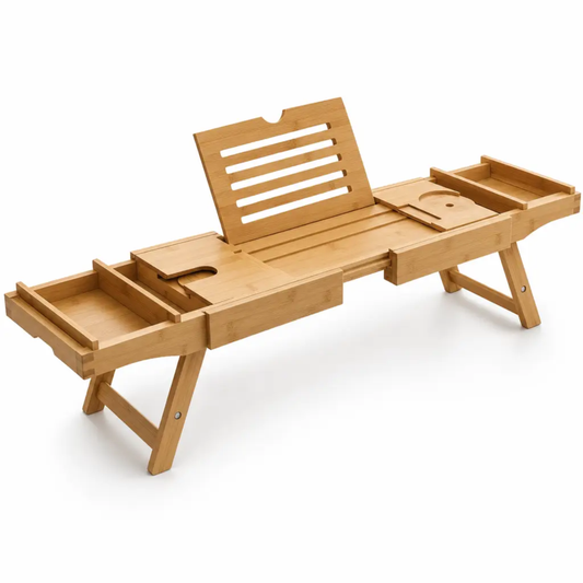 Expandable Bamboo Bathtub Tray with Compartments and Bed Stand