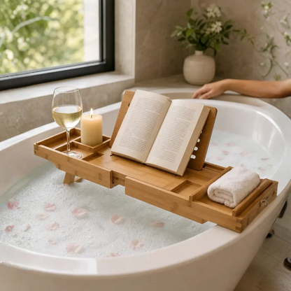 Expandable Bamboo Bathtub Tray with Compartments and Bed Stand