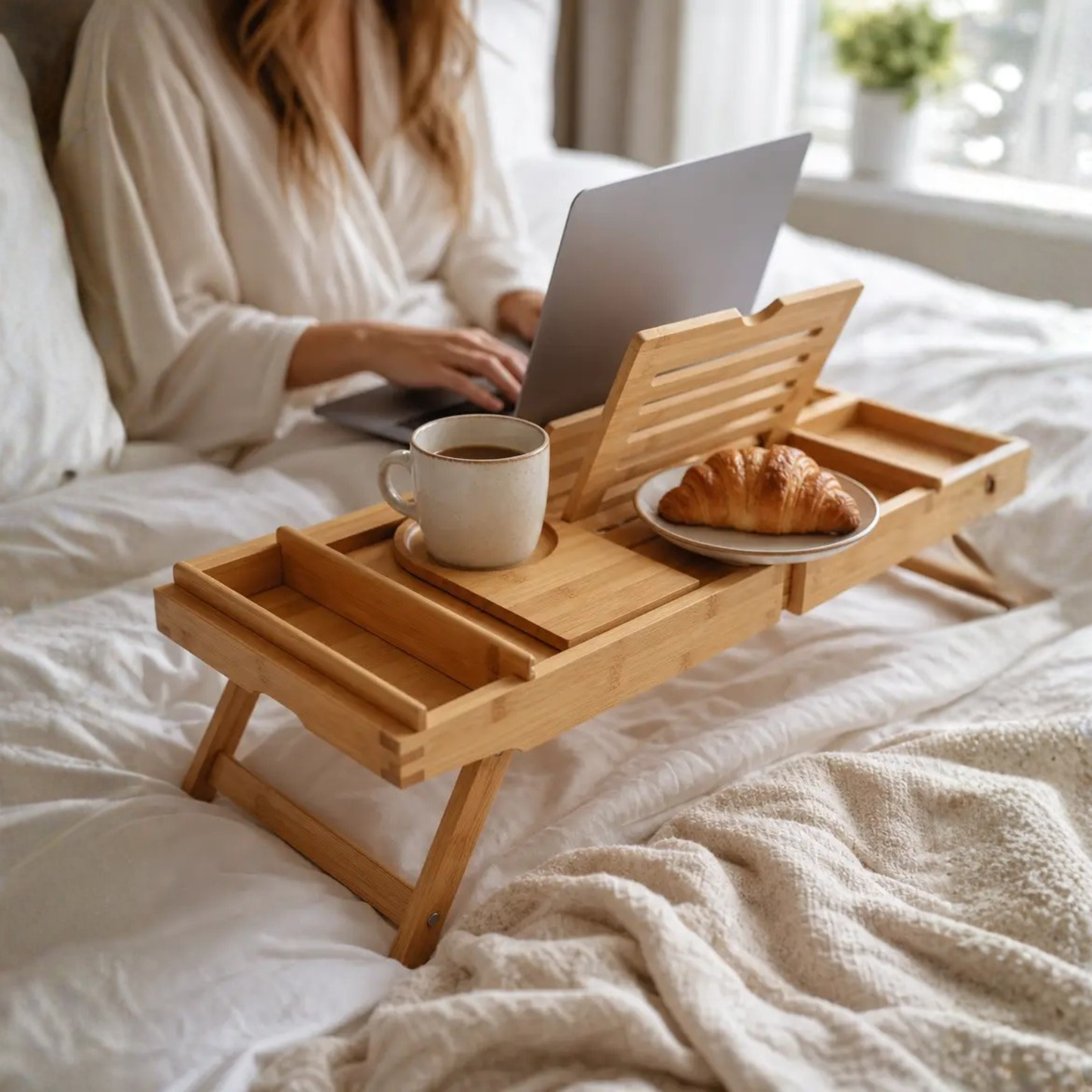 Expandable Bamboo Bathtub Tray with Compartments and Bed Stand