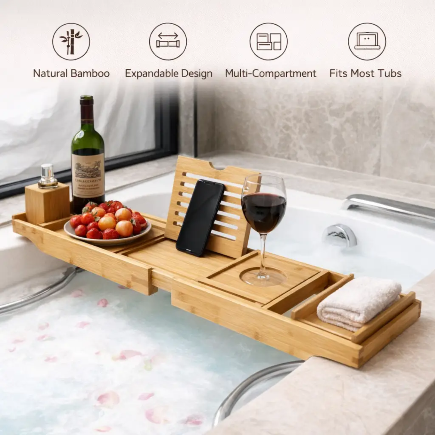 Expandable Bamboo Bathtub Tray with Compartments and Bed Stand