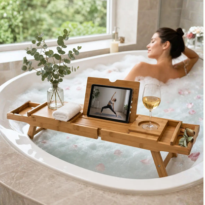 Expandable Bamboo Bathtub Tray with Compartments and Bed Stand