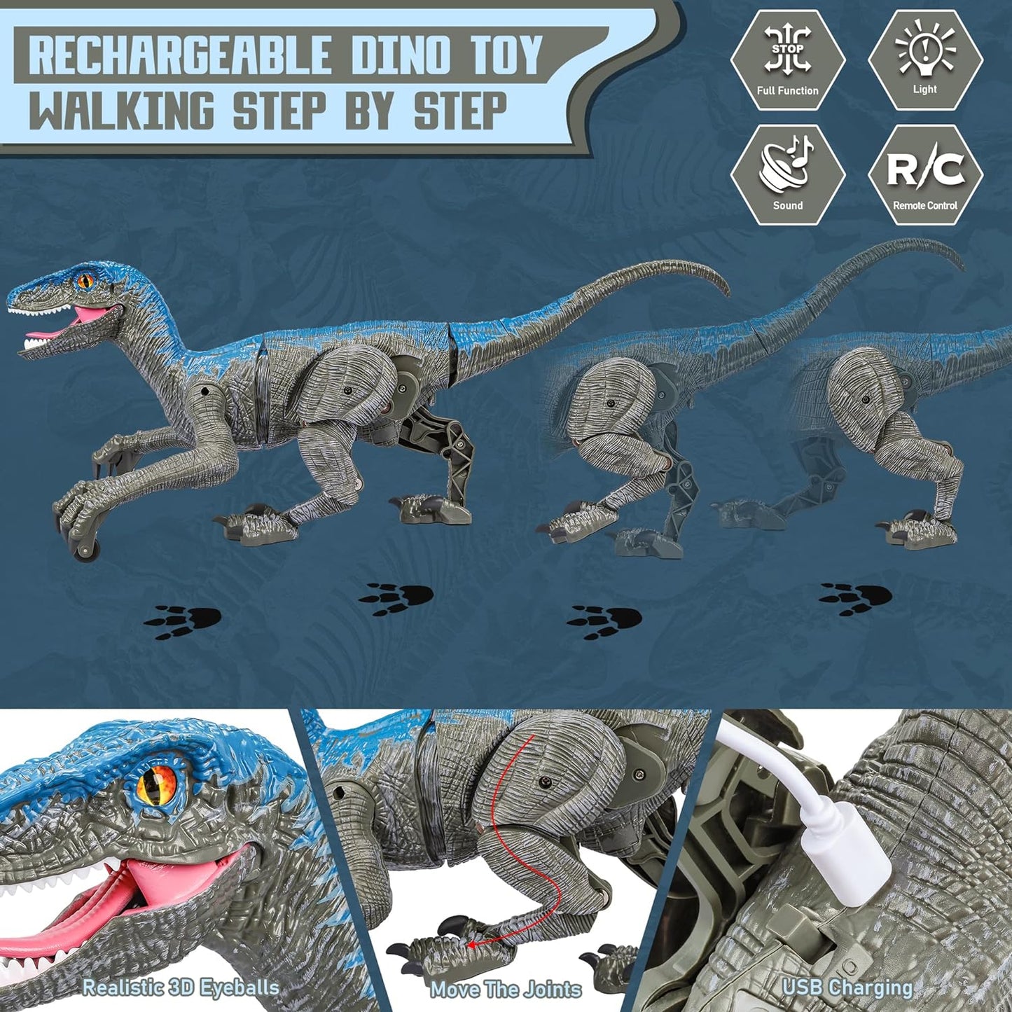 Remote Control Velociraptor Dinosaur Toy with Lights and Sounds