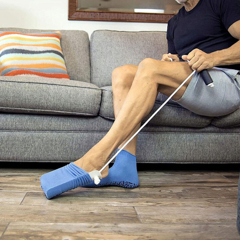 Sock Aid Tool with Extended Handles and Sponge Grip for Seated Dressing