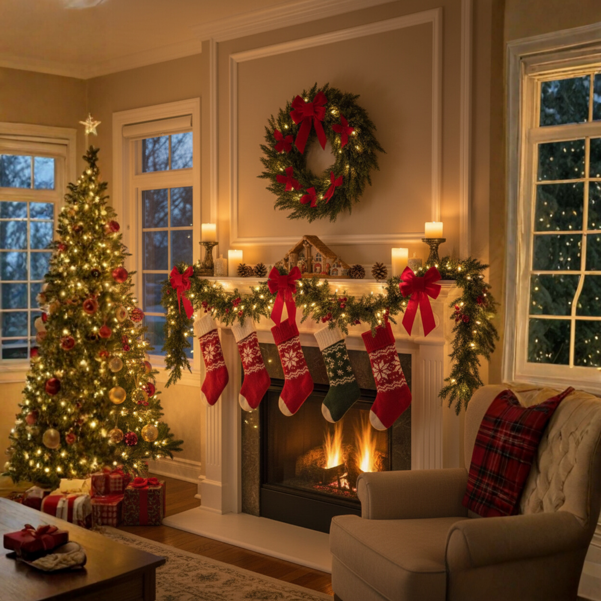 Two Cedar Style Garlands of Six Feet Each with Dense Artificial Leaves and Loops for Hanging at Both Ends
