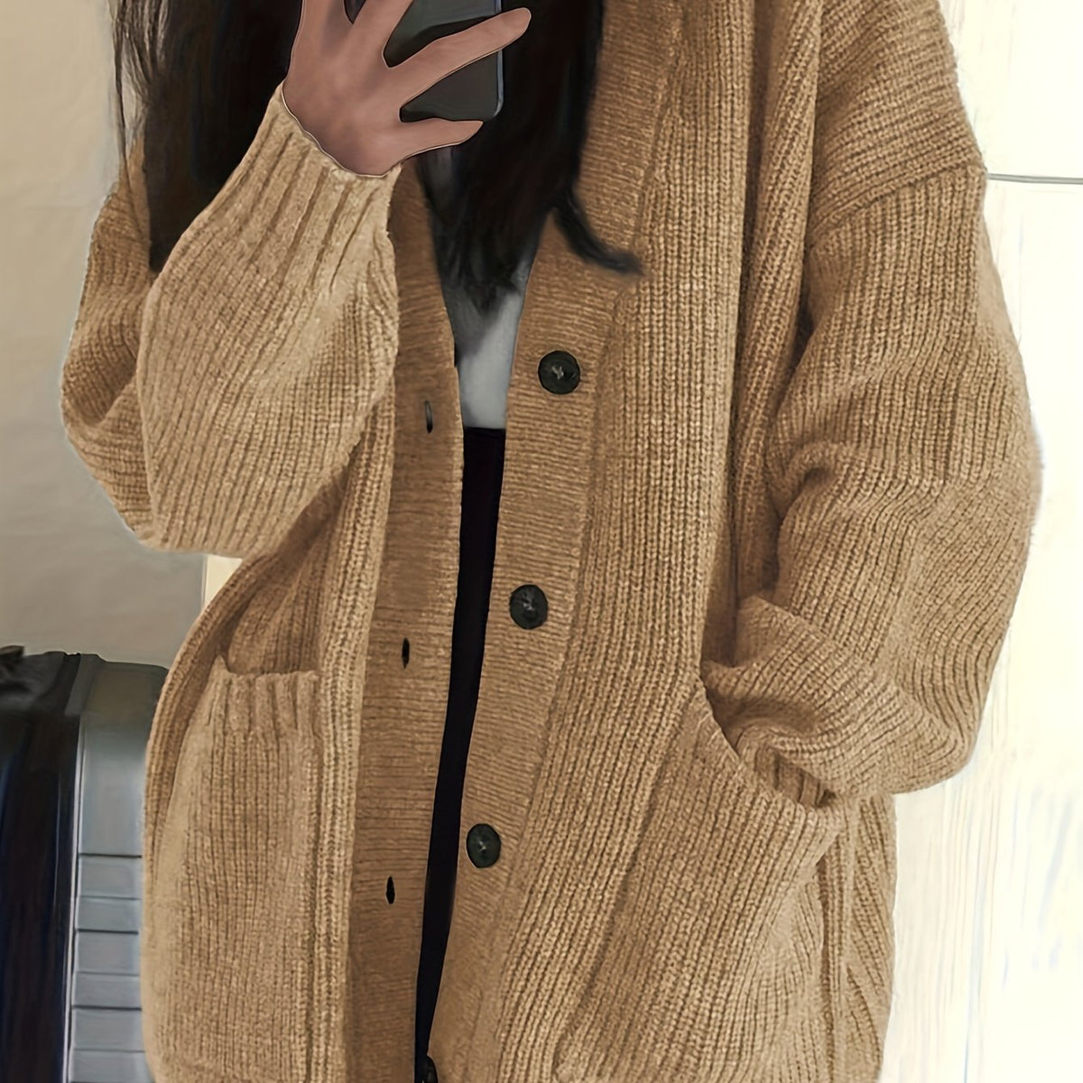Chunky Ribbed Knit Cardigan with Button Front and Dual Front Pockets