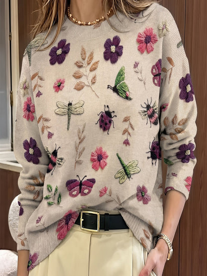 Womens Floral Crewneck Sweater with Botanical Print and Relaxed Fit
