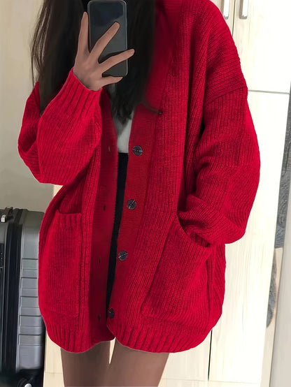 Chunky Ribbed Knit Cardigan with Button Front and Dual Front Pockets