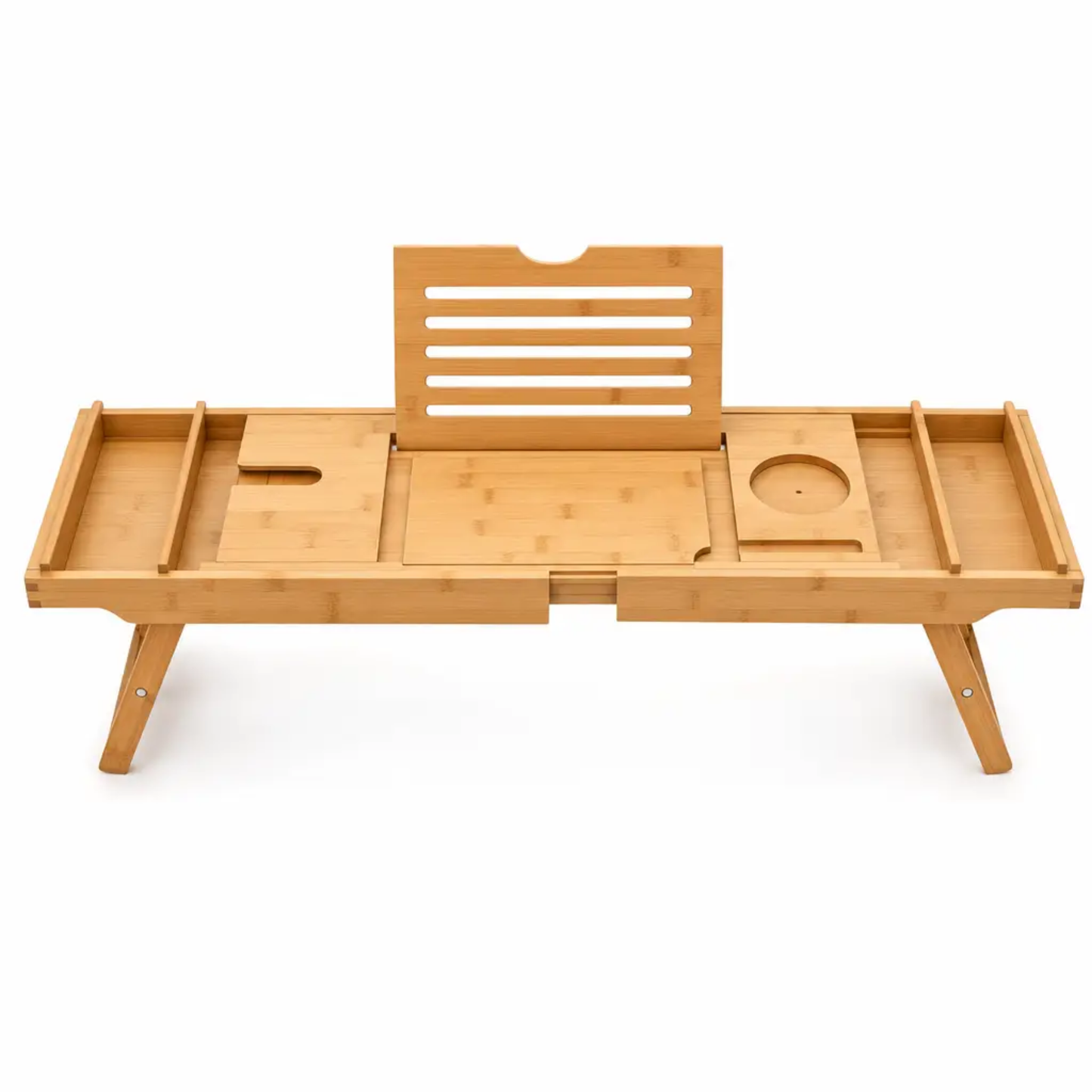 Expandable Bamboo Bathtub Tray with Compartments and Bed Stand