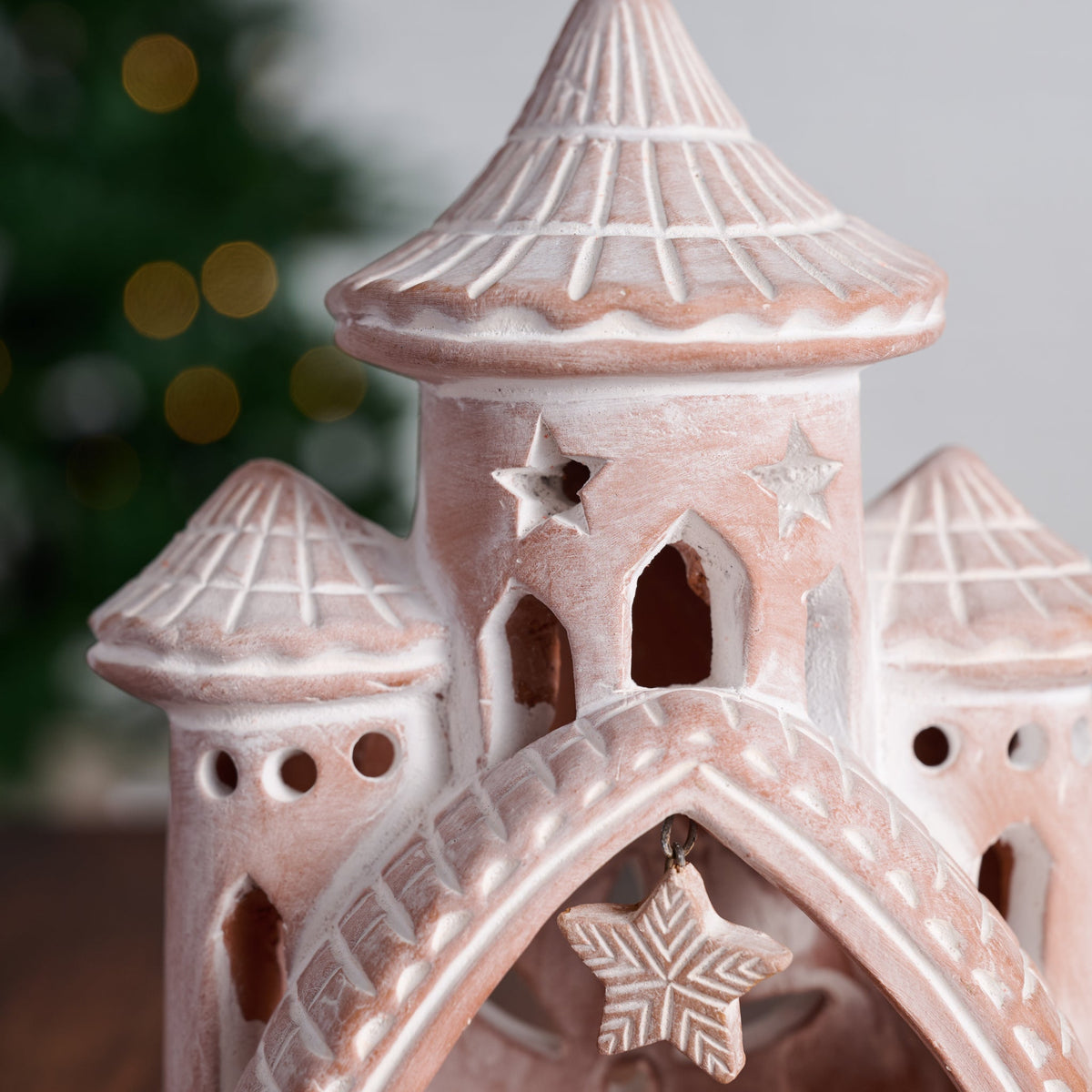 Six Piece Terracotta Nativity with a Carved Three Spire Palace, Cow, Sheep and Hanging Star