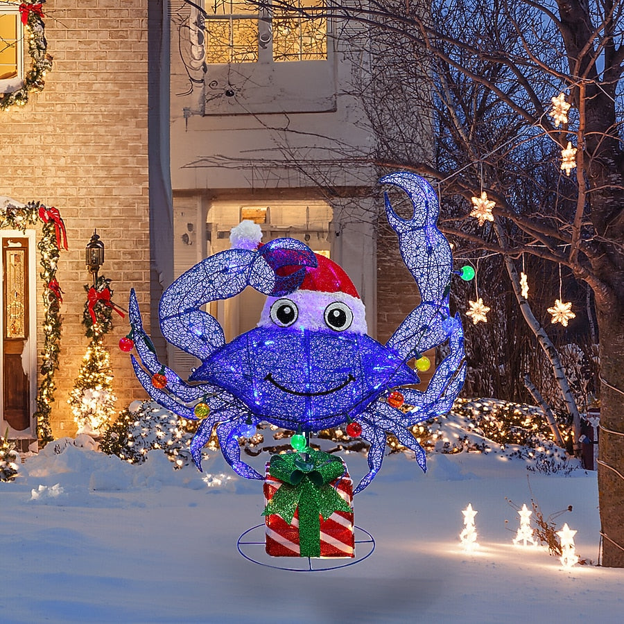 Purple Crab Holiday Yard Display with Multicolor Twinkle Lights and Santa Hat for Porches and Patios